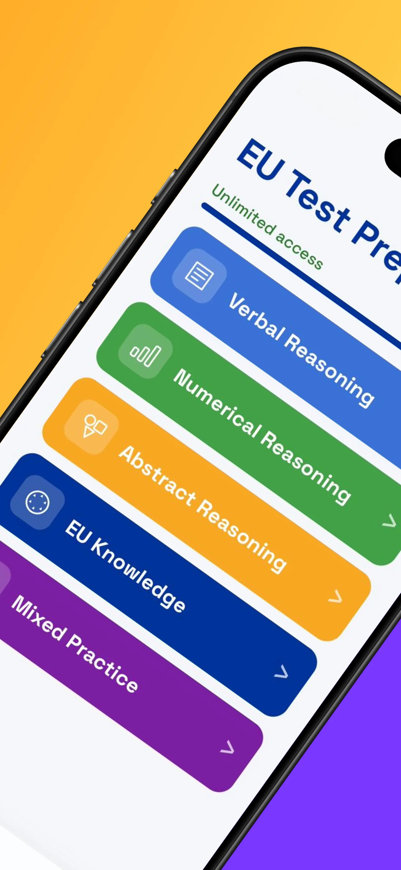 The Aurelio app showing the EPSO practice categories